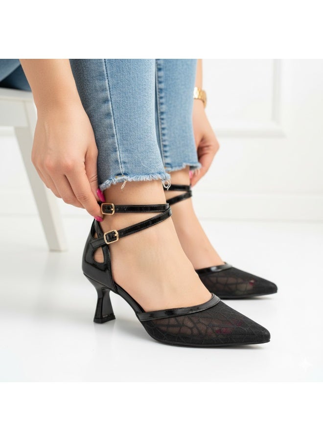 لايف ستيلاش  أحذية بكعب متوسط من القماش والجلد مع إبزيم F-601 - أسود - Image 1